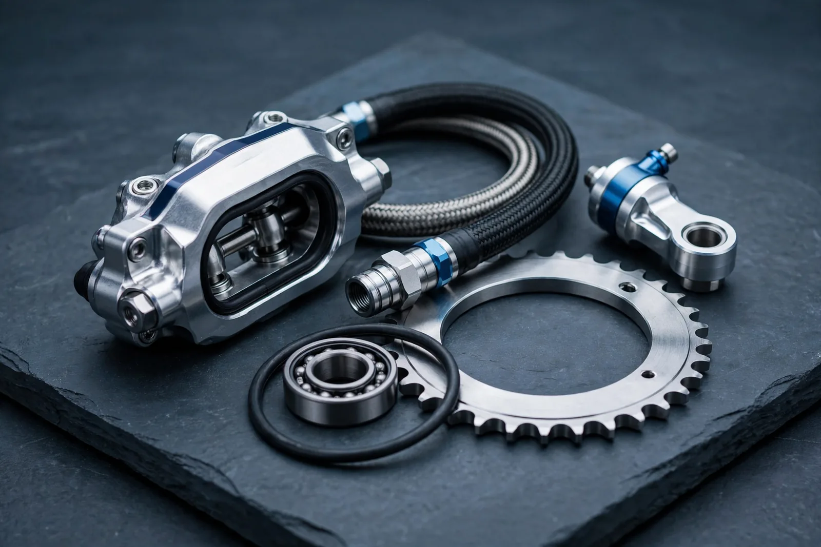 Motorcycle components in a cool metal and blue composition
